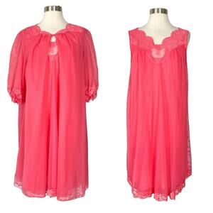 Vintage | 60s Vanity Fair Peignoir Bright Pink Sheer Two Piece Lingerie PJ Set